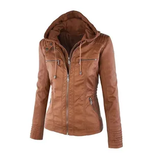 Detailed view of brown hooded faux leather jacket with zipper pockets and slim fit