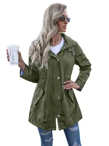 Detail of women's olive green mid-length hooded rain jacket with waist drawstring