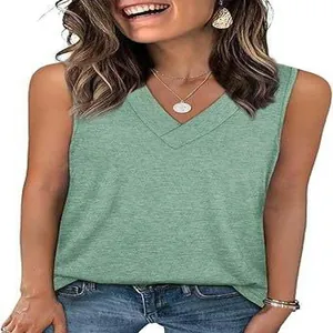 Close-up detail of women's casual loose V-neck sleeveless tank top in sage green