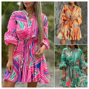 Vestito a Balze da Donna con Scollo a V e Maniche a Campana Boho Stampato Patchwork Poliestere Abito Midi Casual Vacanza Moda