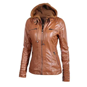 Detail shot of a brown women's faux leather biker jacket with hooded design and zippers