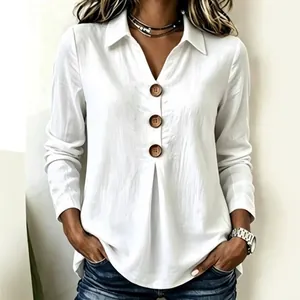 Women's Loose Solid Color Polyester Blouse V-Neck Shirt Collar Long Sleeve Top With Decorative Buttons Pleated Pullover Top