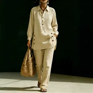 Elegant beige long sleeve linen shirt and trousers two-piece casual set for women