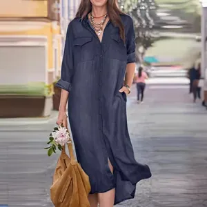 Women's dark blue denim shirt dress with button-down collar and pockets for casual wear