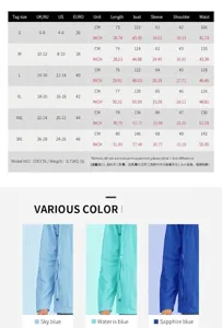 Detailed size guide and multiple color variants for waterproof hooded outdoor hiking raincoat