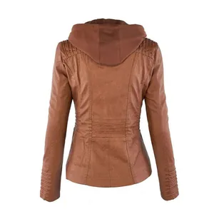 Detailed back view of a brown women's hooded faux leather jacket with quilted details.