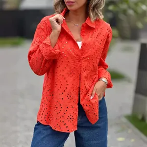 Elegant red eyelet embroidered long sleeve button-up shirt for women in casual outdoor style