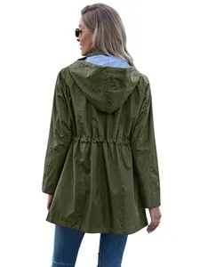 Detailed back view of a stylish women's olive green hooded mid-length raincoat jacket