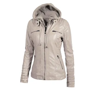 Detail view of a women's beige faux leather jacket with a removable grey fabric hood