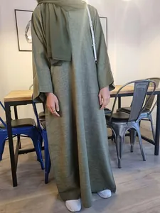 Full-length view of an olive green modest robe featuring a round neck and matching hijab