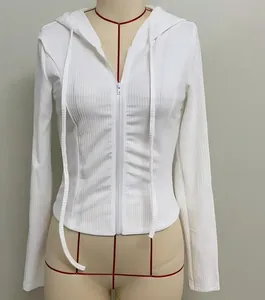 Detail of a white ribbed slim-fit zip-up hooded sweatshirt on a mannequin.