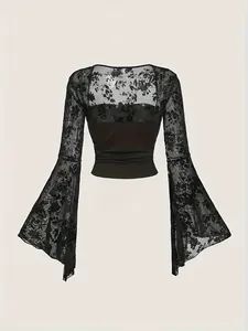 Damen Sexy Spitze Netz Patchwork T-Shirt Glockenärmel Eckiger Ausschnitt Schleife Dekoration Slim Fit Retro Clubwear Weinrot Schwarz Top