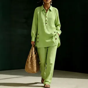 Casual lime green linen cotton long sleeve shirt and pants two-piece set for women