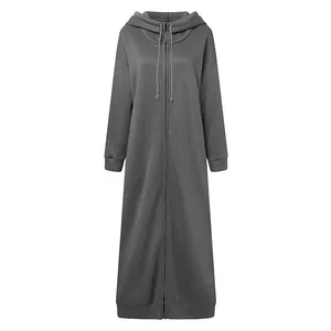Long grey hooded sweatshirt robe with full length zipper for women, casual loungewear