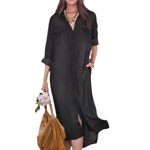 Casual long-sleeved black denim shirt dress with button-down front and collar