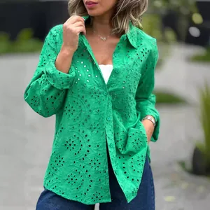 Women's casual green eyelet embroidered long sleeve button-down shirt with a loose fit