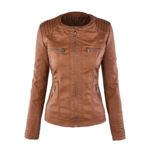 Slim fit brown faux leather jacket for women with front zipper and ribbed detailing