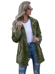 Side view of a women's army green hooded mid-length raincoat with zipper closure