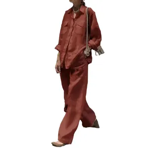 Ensemble deux pièces femme avec chemise à manches longues et pantalon large brique