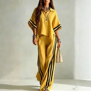 Casual yellow two-piece set with short sleeve shirt and striped wide leg trousers
