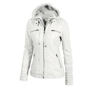 Close-up detail of a white hooded faux leather motorcycle jacket with metal zippers