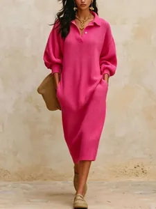 Vibrant pink V-neck knitted maxi dress featuring a polo collar and front button details.