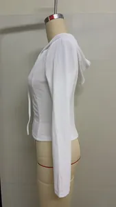Side view detail of a white ribbed slim-fit hooded sweatshirt for women, sporty style