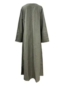 Back view of minimalist gray long-sleeved maxi robe with a loose fit and round neck