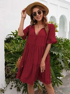 Detail view of wine red V-neck ruffle sleeve tiered mini dress for summer