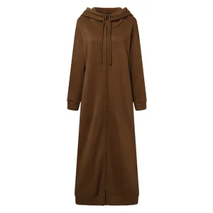 Solid brown long-sleeved hooded zip-up sweatshirt dress with fleece lining