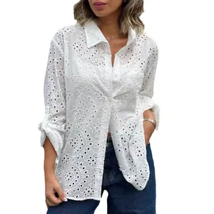 Elegant white eyelet embroidered button-down shirt for women with a loose and casual fit