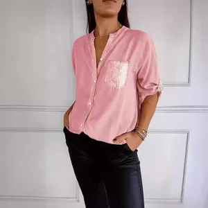 Elegant casual loose pink long-sleeved women's shirt featuring sequin pocket details