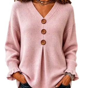 Women's elegant pink V-neck knitted sweater featuring decorative buttons and ruffle cuff sleeves