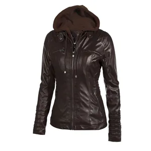 Detailed view of women's hooded faux leather jacket in dark brown with textured sleeves