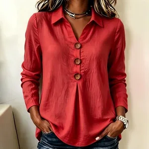 Casual red long sleeve button-up blouse with pleated front and collar for women
