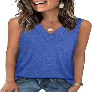 Women's casual V-neck sleeveless tank top in solid blue color for summer wear