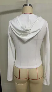 Detailed back view of a white ribbed long sleeve hooded sweatshirt with slim fit design