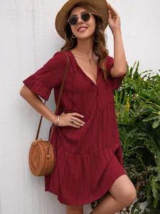 Stylish wine red V-neck casual tiered dress with elegant ruffle sleeves for summer