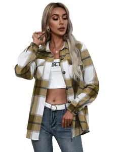Detalle de sobrecamisa de cuadros amarillos para mujer, chaqueta informal de manga larga suave