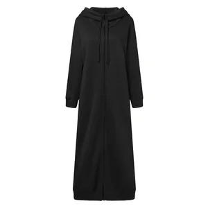 Front view of a minimalist black long-sleeved hooded maxi sweatshirt dress with full-zip.