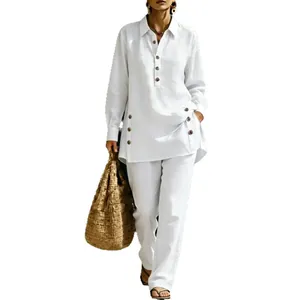 Elegant white casual linen-style two-piece set featuring long sleeve button-up shirt and pants