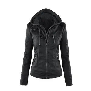 Slim fit women's black faux leather hooded jacket featuring multiple zipper details.