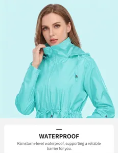 Close-up detail of a turquoise waterproof rain jacket with a hood and adjustable waist