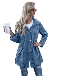 Close-up of a blue mid-length hooded raincoat with drawstring waist and zip closure