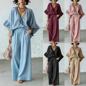 Lässiges Leinen-Zweiteiler-Set mit V-Ausschnitt und weiter Hose in verschiedenen Farben