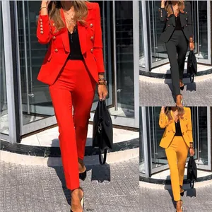 Women Top And Bottom Blazer Pants Suit Cotton Blend Double Breasted Metallic Buttons Elegant Office Lady Business Casual Outfit