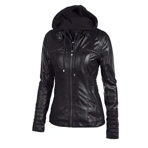 Elegant black women's faux leather jacket featuring a hood and silver zipper details
