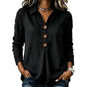 Elegant black loose fit long sleeve blouse with V-neck shirt collar and decorative wooden buttons