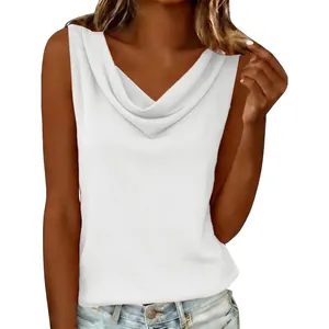 Close-up detail of a white sleeveless cowl neck cotton linen tank top for women