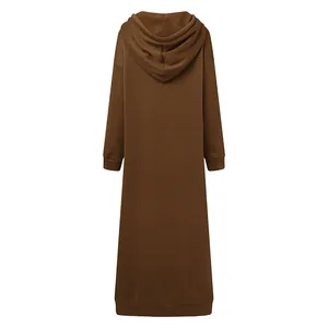 Detailed back view of a solid brown oversized hooded sweatshirt maxi dress with long sleeves